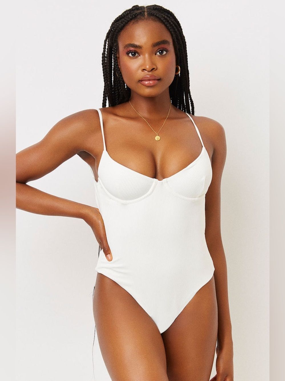 Frankies Bikinis Marie Ribbed Underwire One Piece Swimsuit In White M Nwt